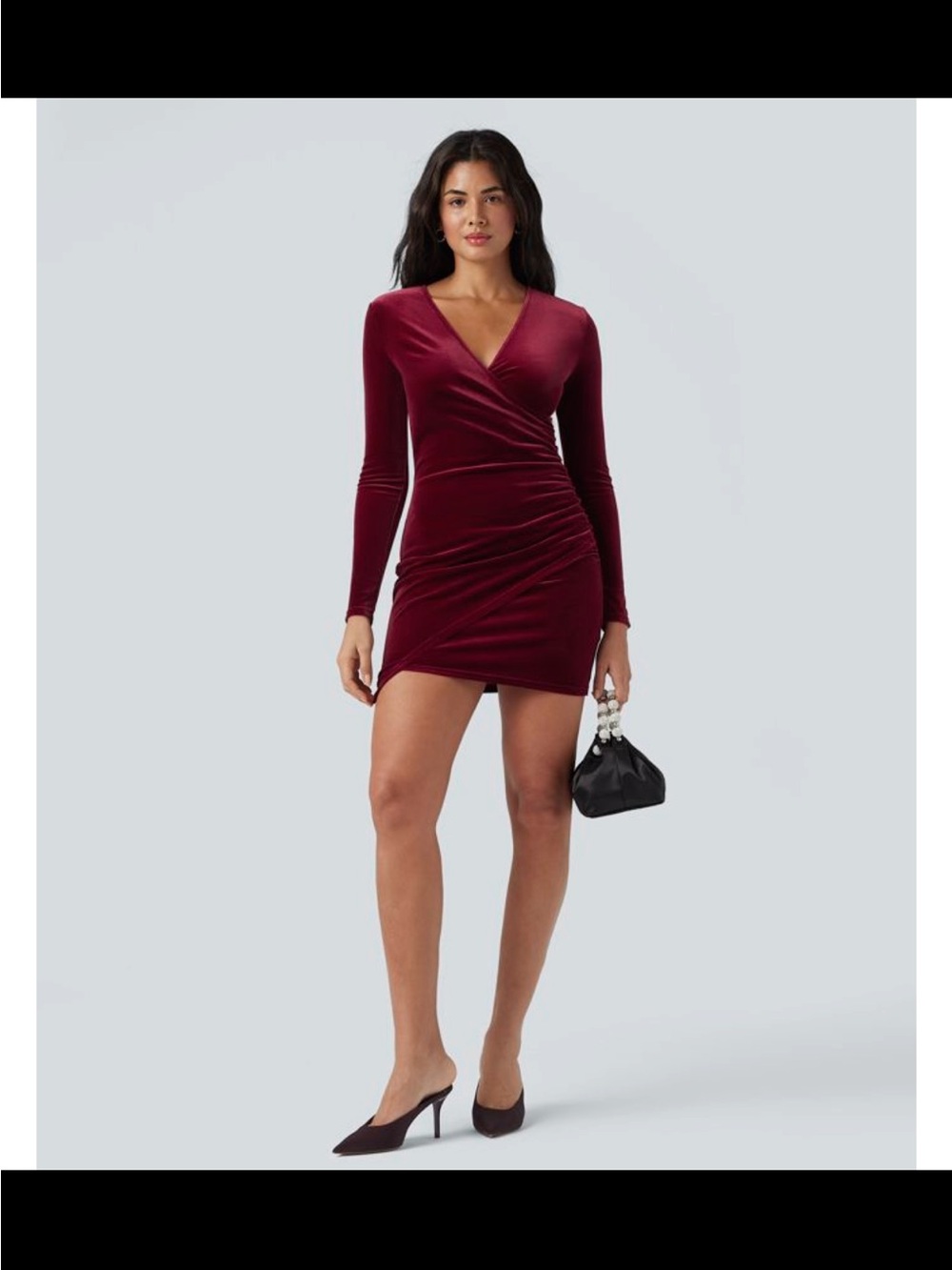 HALARA long sleeve ruched velvet mini dress